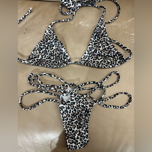 NWOT Handmade Sexy Skimpy Tri-Top Spider Strap Thong Bottom Leopard Print Bikini - Picture 1 of 6
